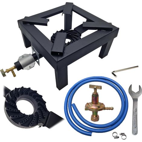 Fornello Fornellone a Gas 40x40 Professionale già Montato – Super Robusto con Bruciatore + Kit Regolatore con tubo e fascette – Made in Italy