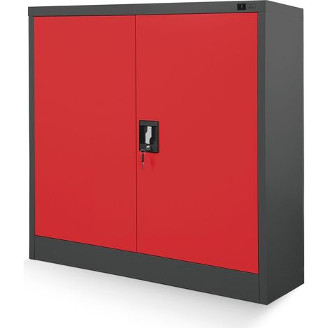 Jan Nowak C001B kleiner Aktenschrank abschließbar Büroschrank Metallschrank Wertfachschrank 92,5 cm x 90 cm x 40 cm Anthrazit - Rot