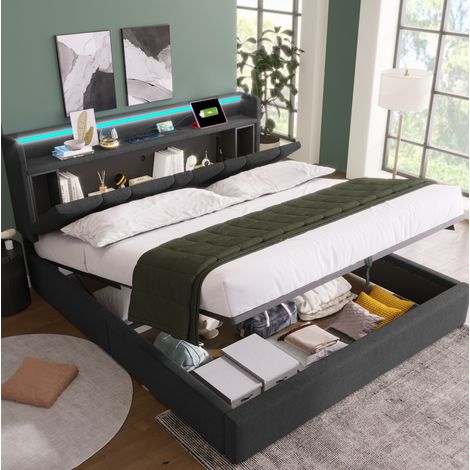 MEUBLIV Lit double rembourré avec tête de lit de rangement prises USB Type C LED RGBW sommier à lattes en bois 140 x 200 cm gris (1/5)