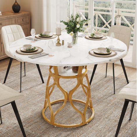 Table de salle à manger ronde 100x100x75 cm MDF blanc et métal doré, avec rangement FloraGrace (1/5)