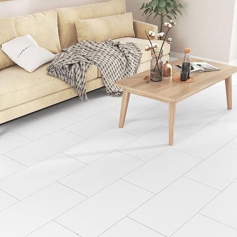PVC Adhesive Floor Tiles White Lino Floor Adhesive Solid Colour Washable Tile Adhesive for Bathroom Kitchen Tile Stickers White 60 x 30 cm 4 Pieces (1/5)