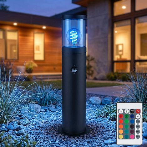 LED Sockelleuchte dimmbar mit Fernbedienung Außen Stehlampe mit Bewegungsmelder Außenleuchte Edelstahl, RGB Farbwechsel, schwarz rauchfarben, 1x 8,5W 806lm warmweiß, DxHxB 14x50x10,2cm (1/5)