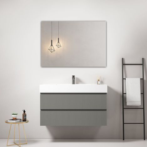 Mobile bagno sospeso cannettato 100 cm Grigio Londra Lavabo in Resina Specchio Quadro - Fiji Paint (1/3)