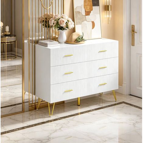 Kommode aus Holzwerkstoff in Weiß/Gold, 6 Schubladen, geriffelte Fronten, 100 x 40 x 75 cm (1/5)