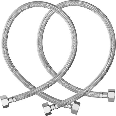 Set of 2 Stainless Steel Armoured Flexible Hoses - 1/2 Inch Female x 1/2 Inch Female Sanitary Hose for Tap, Corner Tap, Washbasin, Bathroom, Toilet - 100 cm (1/5)