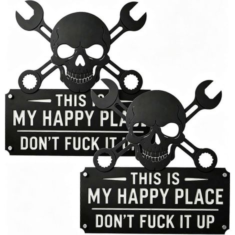 Plaque métallique humoristique garage « C'est mon havre de paix ne le gâchez pas  » Tête de mort clés croisées Décoration murale métal noir 30x28 cm (1/5)