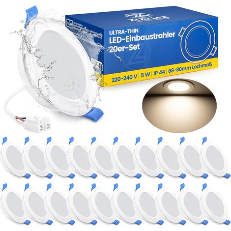 Spots LED Encastrable Salle de Bain Plafond, Lot de 20, Extra Plat, Trou 68mm, Blanc Froid 6000K, Etanche IP44, 5W, 220V, Diametre 90mm, Interieur Cuisine Bathroom