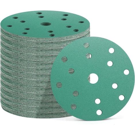 50 Pièces Disques Abrasifs 150 mm, 15 Trous, 10x Grain 60/80/120/180/400, Papier Poncage pour Ponceuse Excentrique (Vert(P60/P80/P120/P180/P400))-