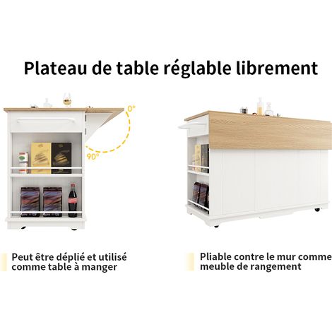 Îlot de cuisine blanc en MDF et métal avec plateau effet bois, cloisons amovibles et verre trempé pour cuisine (1/5)