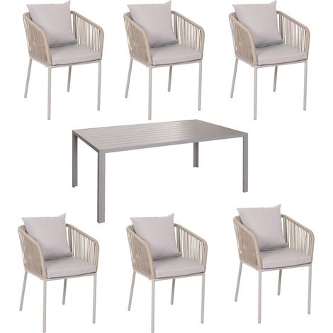 Set di mobili da giardino in alluminio a 6 posti con tavolo 180x80 cm + 6 sedie in corda intrecciata e cuscini grigi 040010086