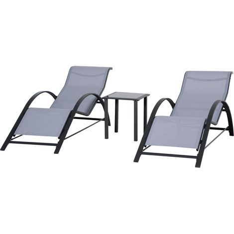 Outsunny Set 2 Lettini da Giardino e Tavolino con Piano in Vetro Grigio Chiaro