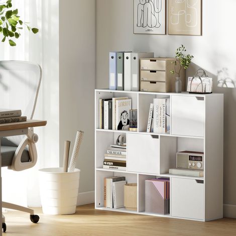 Bibliothèque étagère de rangement 9 cubes avec 3 portes et 6 compartiments ouverts. 106 x 24 x 95 cm. blanc