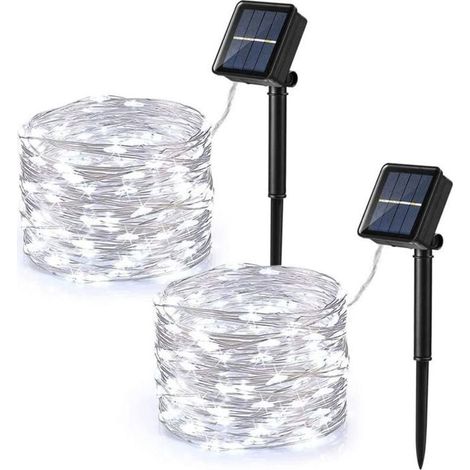 Lot de 2 guirlandes lumineuses solaires, 12 m, 100 LED blanc froid, 8 modes, étanche IP65, décoration extérieure et intérieure (1/4)