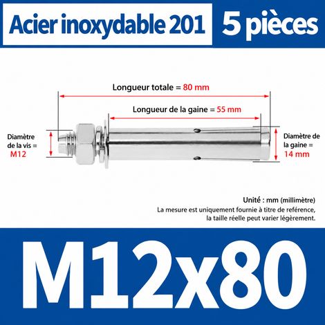 Goujon d'ancrage M12x80 mm inox 201 lot de 5 pièces perçage 14 mm m12 80 5 pièces 1 kg – Livraison gratuite