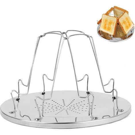 Tostadora de camping cromada de 4 rebanadas para estufa - Plegable - Portátil - Con orificio - Para viajes familiares - Acero inoxidable (1/5)