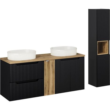 Conjunto VANO 170cm: muebles bajo lavabo con nichos de cajones y armarios + dos lavabos sobre encimera ranurados + columna