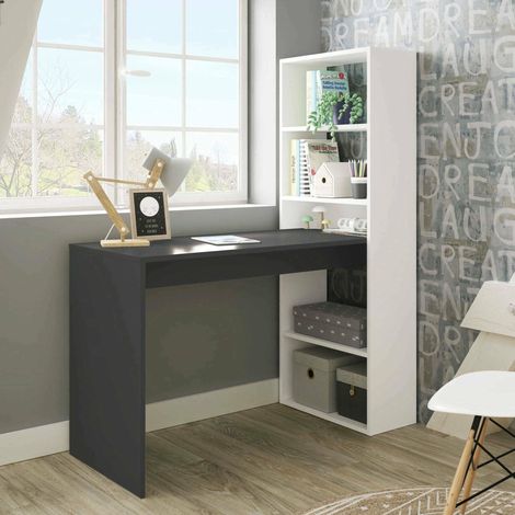 Bureau multifonction réversible avec bibliothèque 5 étagères, Table d'étude ou de bureau pour support livre PC, 120x53h144 cm, Blanc et Anthracite (1/5)
