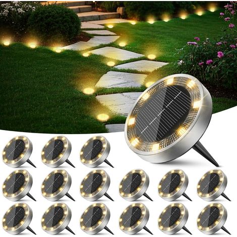 Lampe Solaire Au Sol Jardin Lot de 16, Lumiere Solaire Exterieur 8 LED, Étanche Spot Solaire Extérieur, Eclairage Solar pour Terrasse Allée Chemins Pelouse Cour Outdoor Garden, Blanc Chaud (1/5)