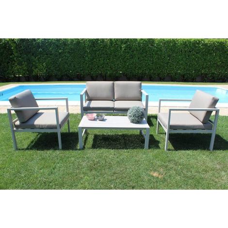 Salotto 4 posti in alluminio per esterno divano poltrone e tavolino con cuscini Eracle - Beige (1/3)