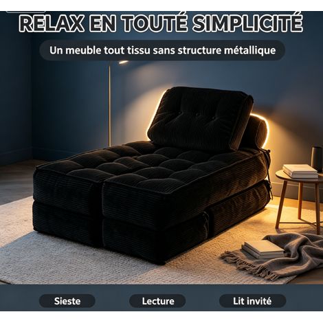 Canapé lit pliable 3 en 1 velours côtelé noir, fauteuil de sol ergonomique mousse mémoire, meuble compact gain de place pour studio, salon (1/5)