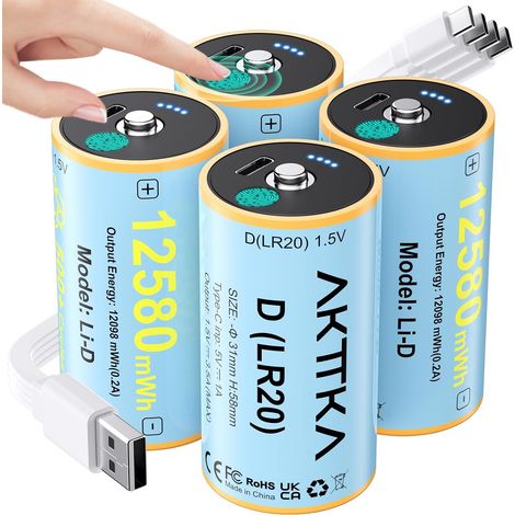 Piles D Rechargeables 12580 mWh, Lot de 4, 1,5V Li-ION, LR20, Mono D Charge USB-C Directe, Indicateur Tactile, Câble 4-en-1, 500+ Cycles, Camping, Lanterne, Radio, Urgence (1/5)