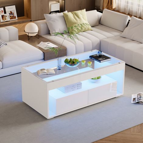 Table basse 100x50x40 cm blanche avec LED et 2 tiroirs, verre trempé, panneaux de particules MEUBLIV (1/5)