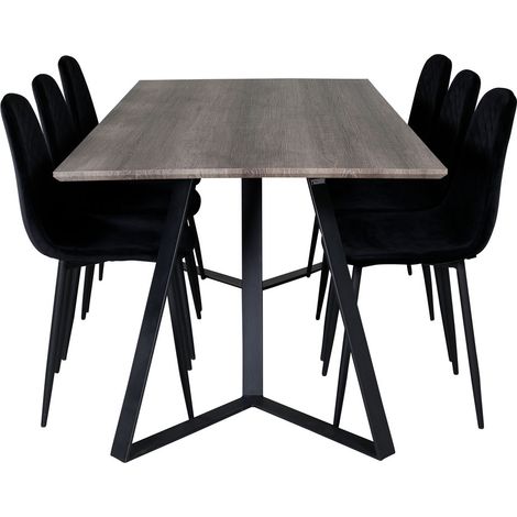 MarinaGRBL Essgruppe Esstisch El Holz dekor grau und 6 Polar Diamond Esszimmerstühle Velour schwarz.