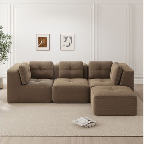 Modulares L-förmiges Ecksofa mit Ottomane, 3-Sitzer, aus braunem Cord-Samt HAVRYA (1/5)