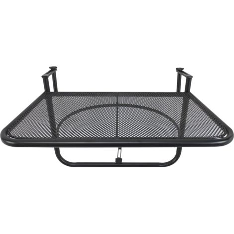 Table suspendue carrée en métal noir, réglable en hauteur, pour balcon et terrasse. Dimensions : 60 x 56,5 x 45 cm. (1/5)