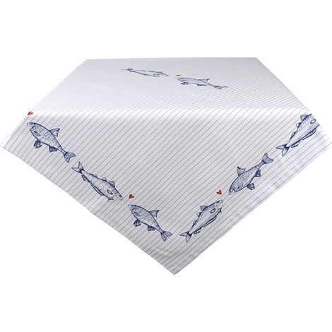 Nappe de Table Carrée en Coton Motif Poisson Bleu et Blanc 150 x 150 cm - PANGIVO