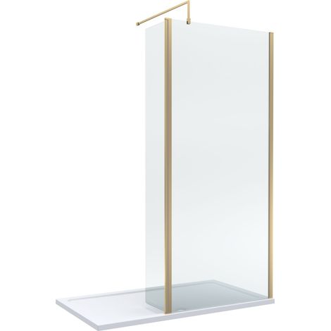 8mm Glass Walk In Wetroom Screen and Hinged Return Screen with Brushed Brass Profile and Shower Tray - 1400 x 800mm