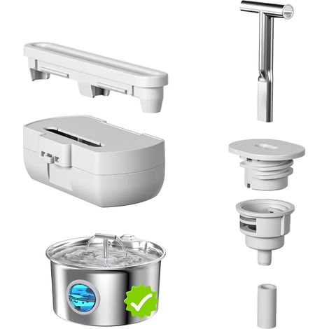 S17 Kit d'accessoires de rechange pour fontaine à eau pour chat en acier inoxydable avec double bec, support de bec, porte-pompe, boîte de filtre (1/5)
