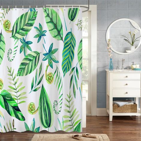 140x180cm Vert Feuilles Rideau De Douche Printemps Aquarelle Plante Bouquet Frais La Nature Rideau De Douche pour Salle De Bain Tissu Polyester Imperméable Ensemble avec Crochets (1/4)