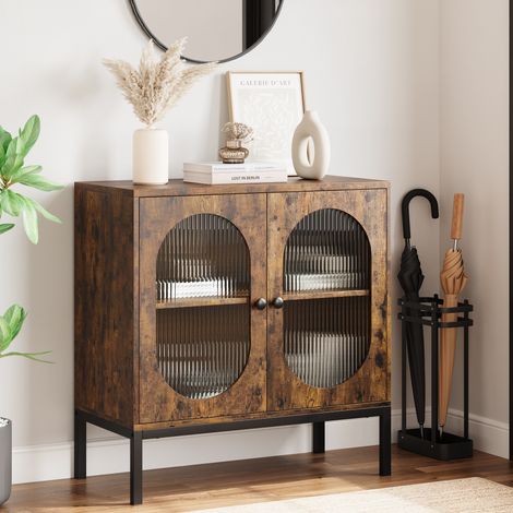 Buffet console en rotin moderne - portes vitrées, étagères réglables, bois