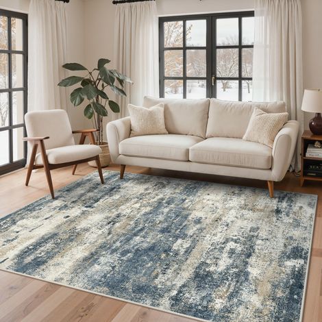 Tapis Salon Résumé 200x290cm Lavable en Machine Rug AntidéRapant Poil Ras, pour Chambre Salle a Manger Descente de Lit Bureau, Cuisine, Bleu Ardoise et Taupe (1/5)
