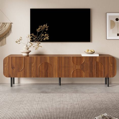 Meuble TV 180 cm, banc TV avec 3 portes et 2 tiroirs, passe-câbles et bords arrondis, pieds en métal, marron (1/5)