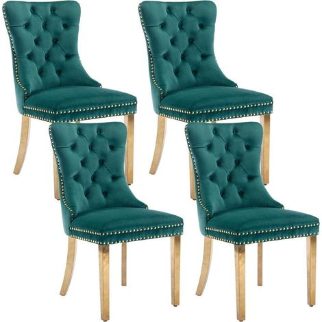 Lot de 4 chaises de salle à manger en velours vert, pieds dorés, capitonnées (1/5)