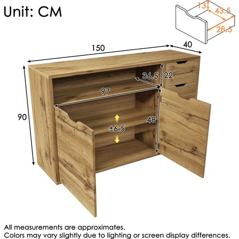 Commode/buffet 150 x 40 x 90 cm aspect chêne avec compartiment ouvert, 2 portes, 4 tiroirs, étagères réglables en hauteur, charnières métalliques à fermeture amortie et dispositif anti-basculement, ra (1/4)