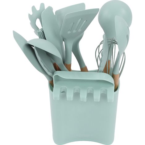 Ensemble de 13 ustensiles de cuisine en silicone avec manche en bois, spatule, cuillère et support inclus, vert clair.