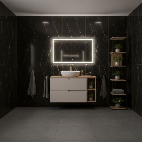Meuble de salle de bain suspendu 80 cm, beige et brun, plan de toilette, 2 tiroirs et étagère latérale, sans vasque – MODERN (1/5)
