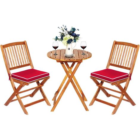 COSTWAY Juego de Mesa y 2 Sillas para Jardín Mueble Grupo de Asiento de Madera Mesa Redonda y Silla Plegable para Terraza, Patio, Pasillo (Rojo) (1/5)