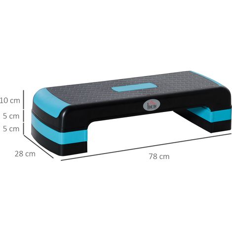 Step de fitness aérobique, hauteur réglable (10 cm, 15 cm, 20 cm), en plastique, noir et bleu (1/5)