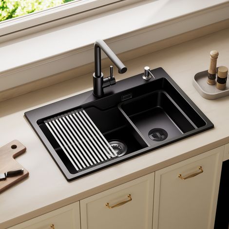 CECIPA MAX Granitspüle 70 x 46 cm – Aufsatzspüle Küche mit Beckeneinsatz, Rollmatte & Seifenspender – Quarz-Spüle mit 2-Stufen-Becken, Siphon, Überlauf (1/5)