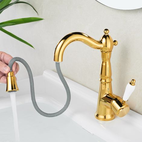 Mitigeur Rétro à Poignées Céramique – Laiton Doré – Pour Vasque Salle de Bain – Look Vintage
