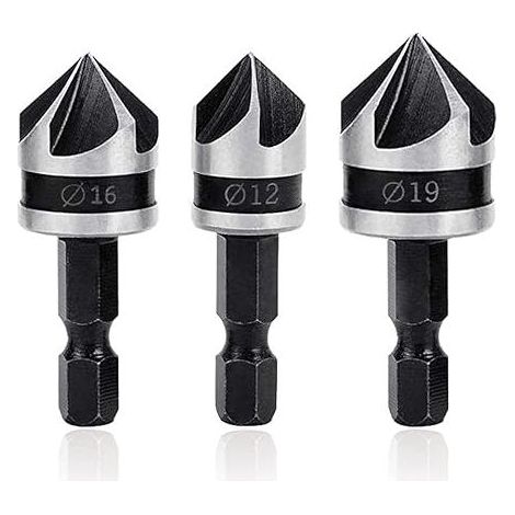 3Pcs Fraises à Chanfreiner 90 Degrés Flûte Fraise Conique à Noyer Foret Fraisage Bois Acier 12mm/16mm/19mm Outil Coupe Chanfreinage Fraisoir pour Bois PVC (1/4)