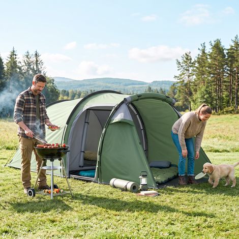 Tente de camping 2-4 personnes avec toile imperméable et portes à fermeture éclair, 426x206x15 cm, Vert foncé (1/5)
