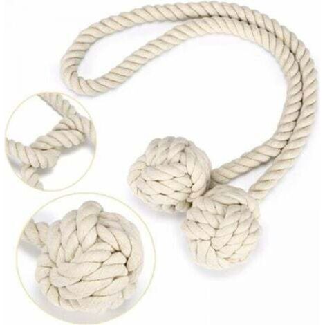 1 attache de rideau avec 2 boules de coton, corde de rideau en fil de coton écologique, style naturel et simple, décoration de salon ou de chambre (beige) (1/4)
