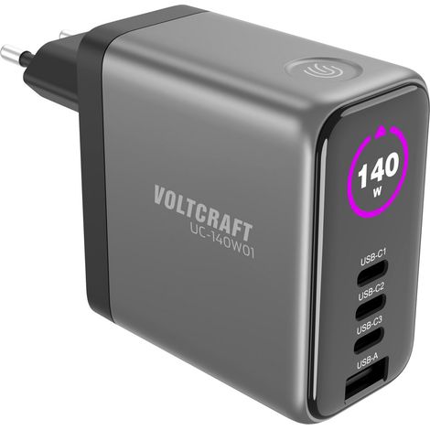 VOLTCRAFT UC-140W01 Chargeur USB 1x USB-A, 3x USB-C® Power Delivery noir GaN, USB Power Delivery (US (1/5)