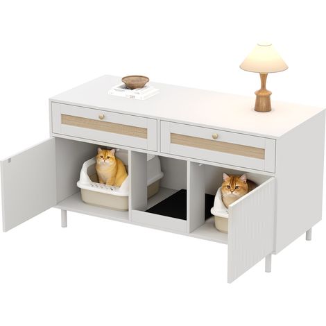 Armoire pour litière de chat avec tapis anti-poussière en rotin blanc 120x50x65 cm (1/5)