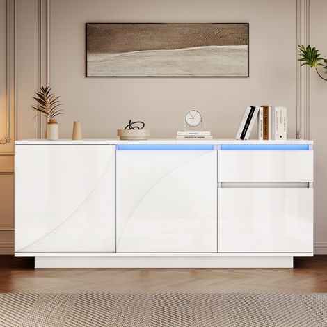 Sideboard Hochglanz Sideboard 140x40x60 cm, 3 Fächer, Kommode mit LED, 1 Schublade und 3 Türen, Weiß Wohnzimmermöbel